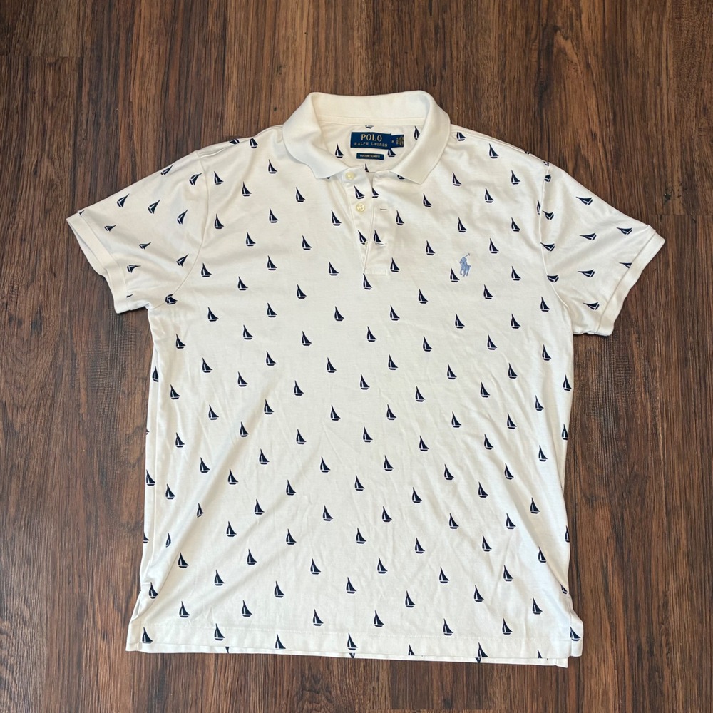 Polo Ralph Lauren Custom Slim Fit Sailboat Print Polo Shirt Men's M White Navy